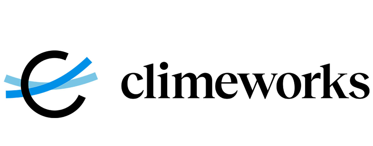 Climeworks logo: black C with overlapping blue ribbons and the word climeworks in black serif font beside it, on white background